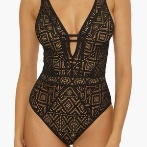 NWT Becca Swimwear Color Play Geometric Crochet Plunge One Piece SZ MEDIUM